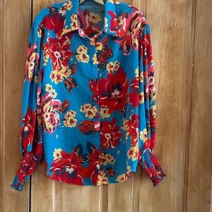 Vibrant Floral Button-Up Blouse in Turquoise & Red